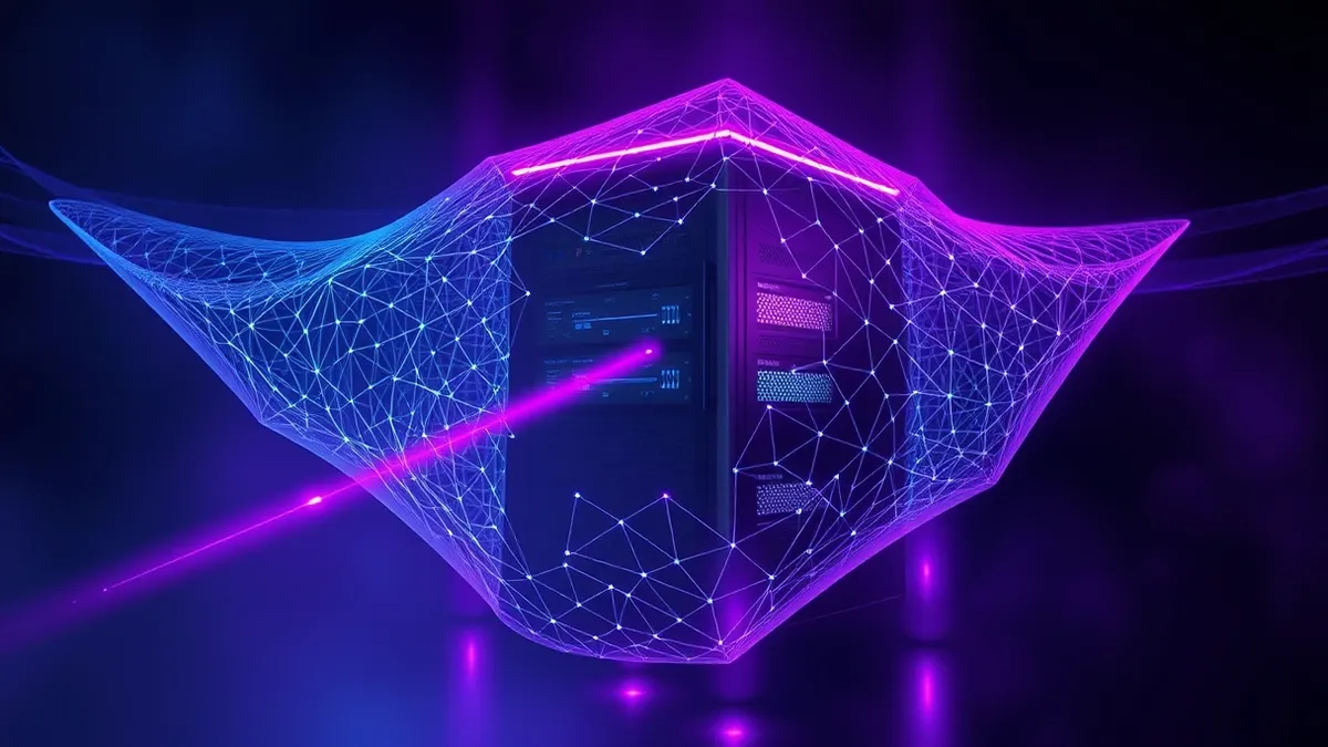 Illustration: A translucent geometric mesh wraps around a central server node, allowing only specific narrow beams of light to pass through its structured holes while blocking stra