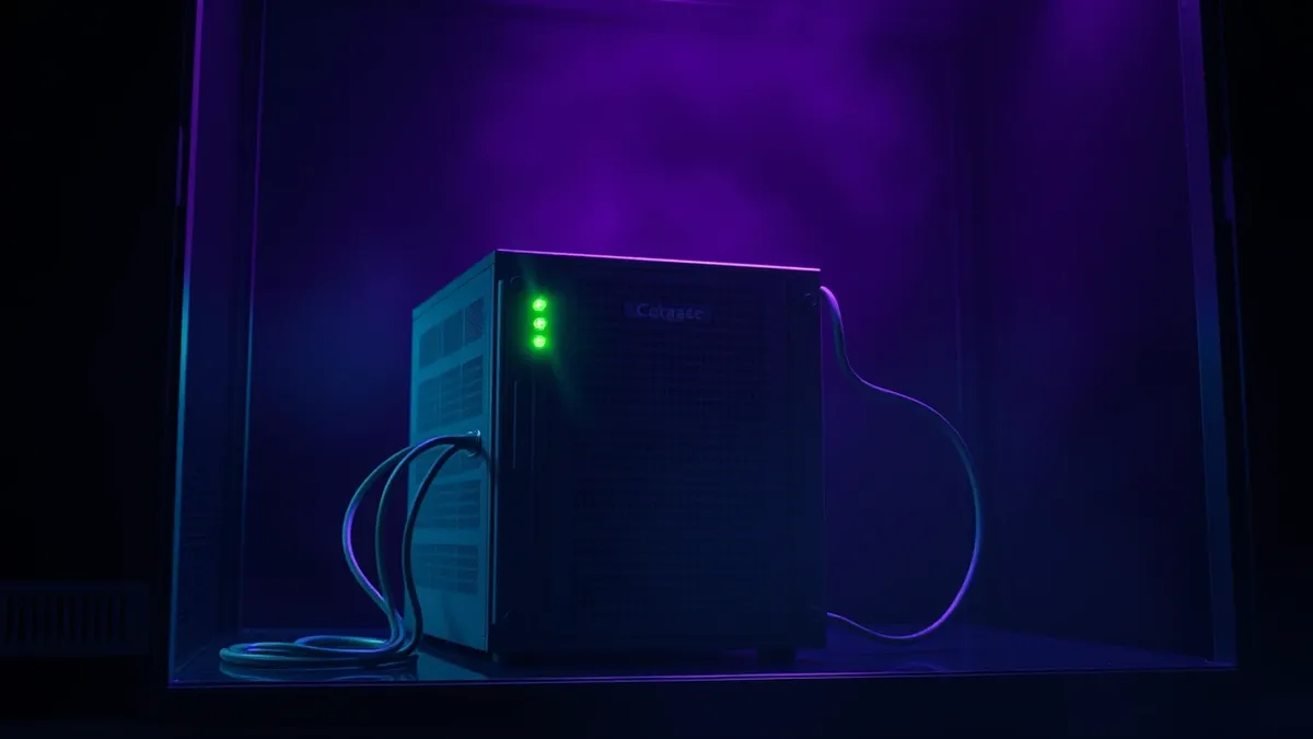 Illustration: A single server chassis sits in a dim rack, its front panel glowing with steady green status lights.