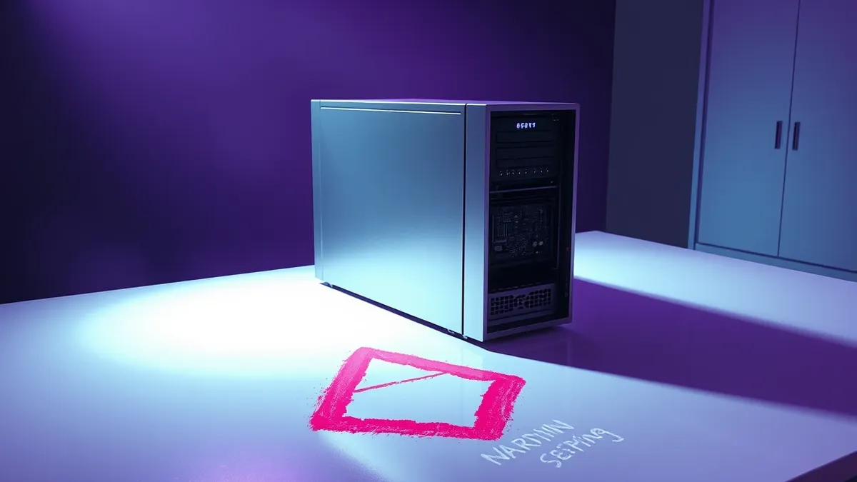 Illustration: A sleek silver server unit sits on a clean white desk with its side panel removed to reveal the circuit board inside.