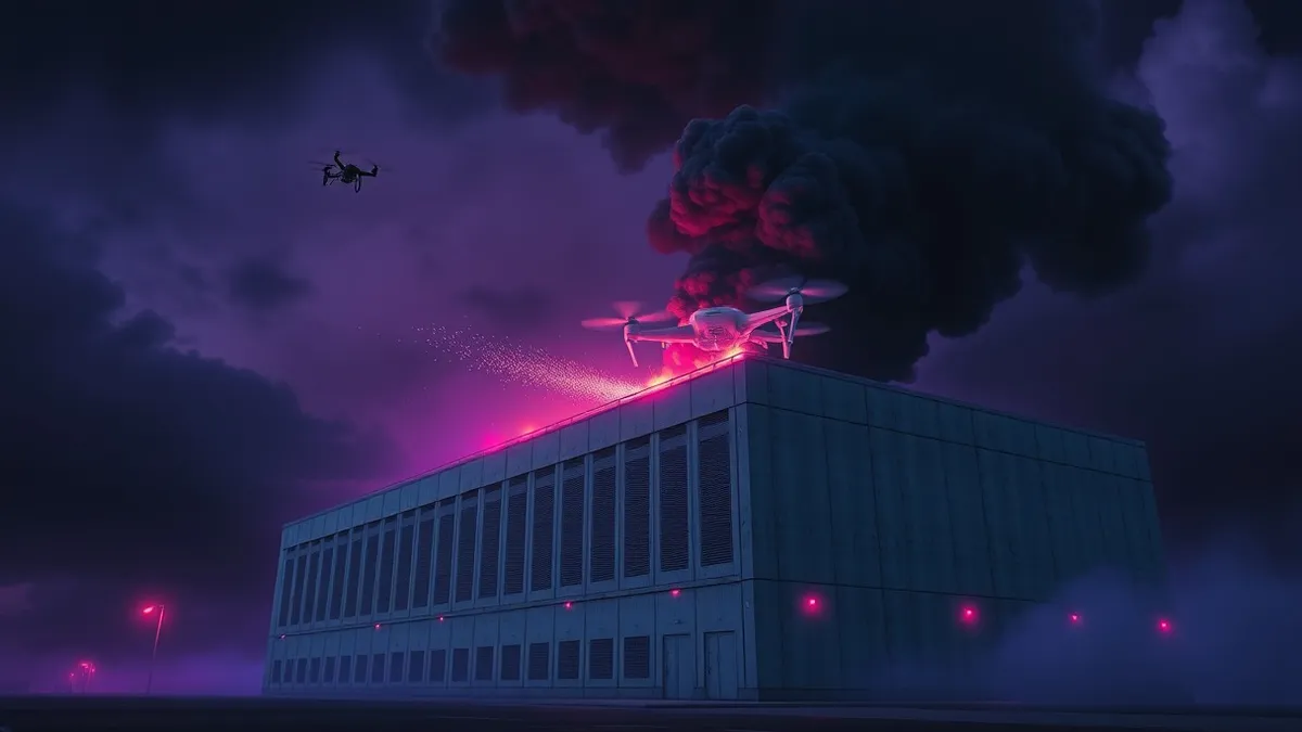 Illustration: A large industrial data centre building sits in smoke under a dark sky.