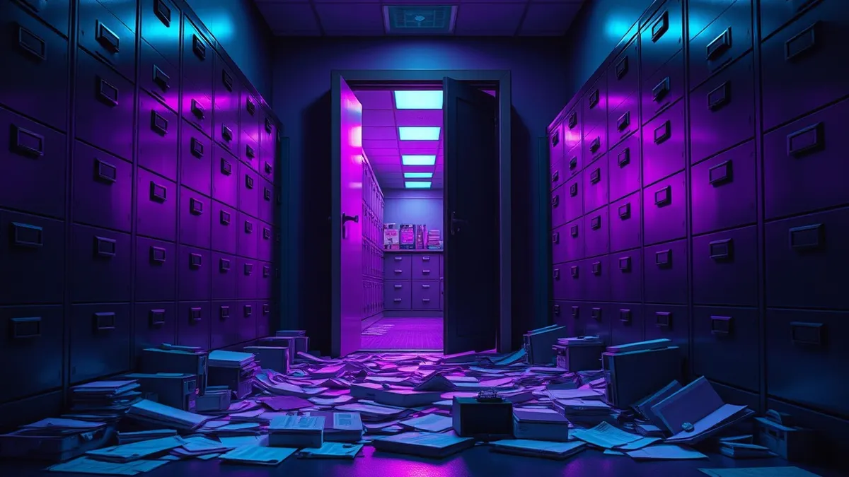 Illustration: An open, unlocked office door stands wide in a dimly lit hallway, revealing rows of filing cabinets with their drawers pulled out.