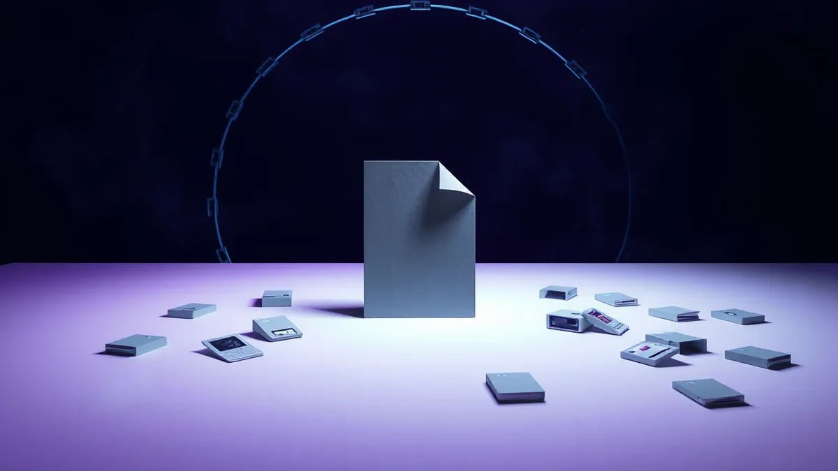 Illustration: A single gray executable file sits isolated on a sterile white surface, surrounded by a thick, impenetrable circular barrier made of interlocking metallic plates.
