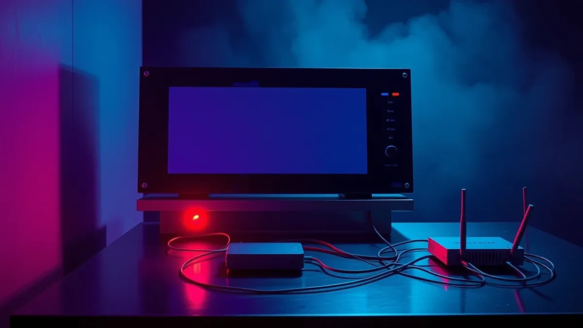 Illustration: A sleek industrial control panel sits on a steel desk, its large blank touchscreen reflecting a sterile laboratory light.
