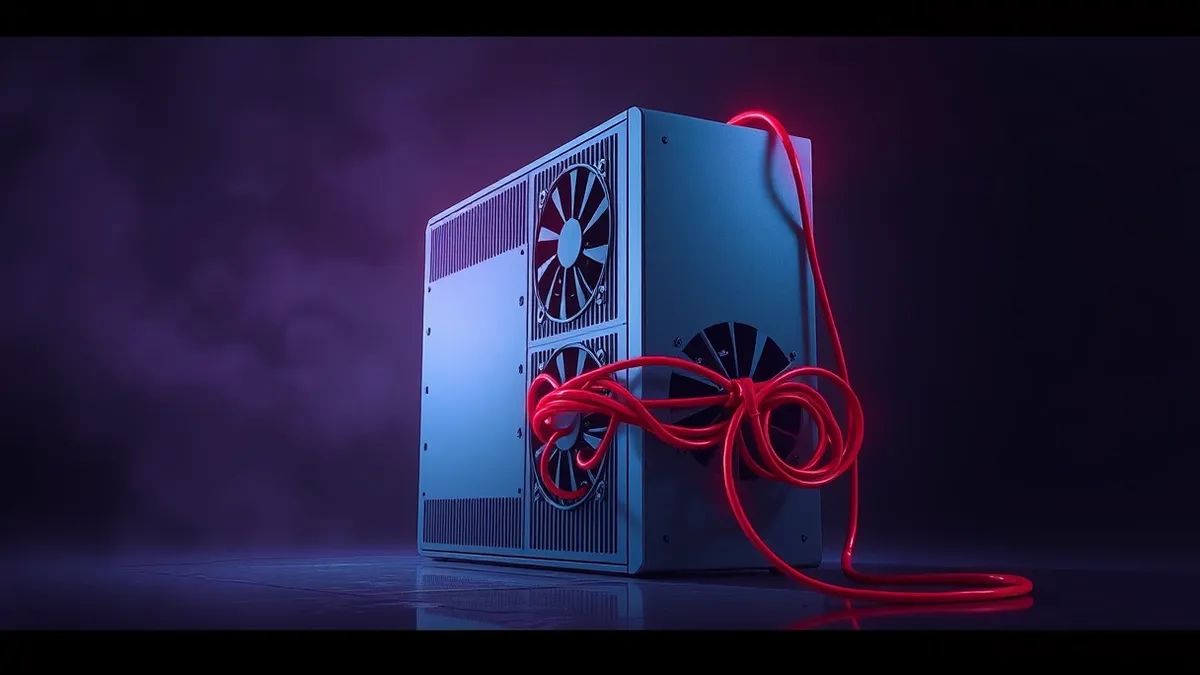 Illustration: A sleek silver server sits in a dark room, its cooling fans spinning frantically as thick red heat waves radiate from its vents.