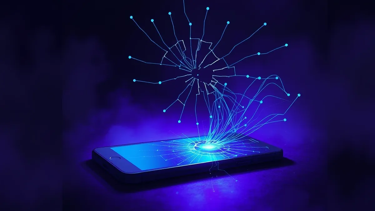 Illustration: A cracked smartphone screen displays abstract data lines leaking from its edge into the surrounding air, symbolizing exposed credentials.