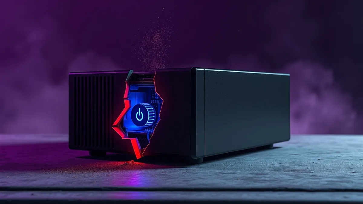 Illustration: A sleek black network appliance sits on a concrete desk.