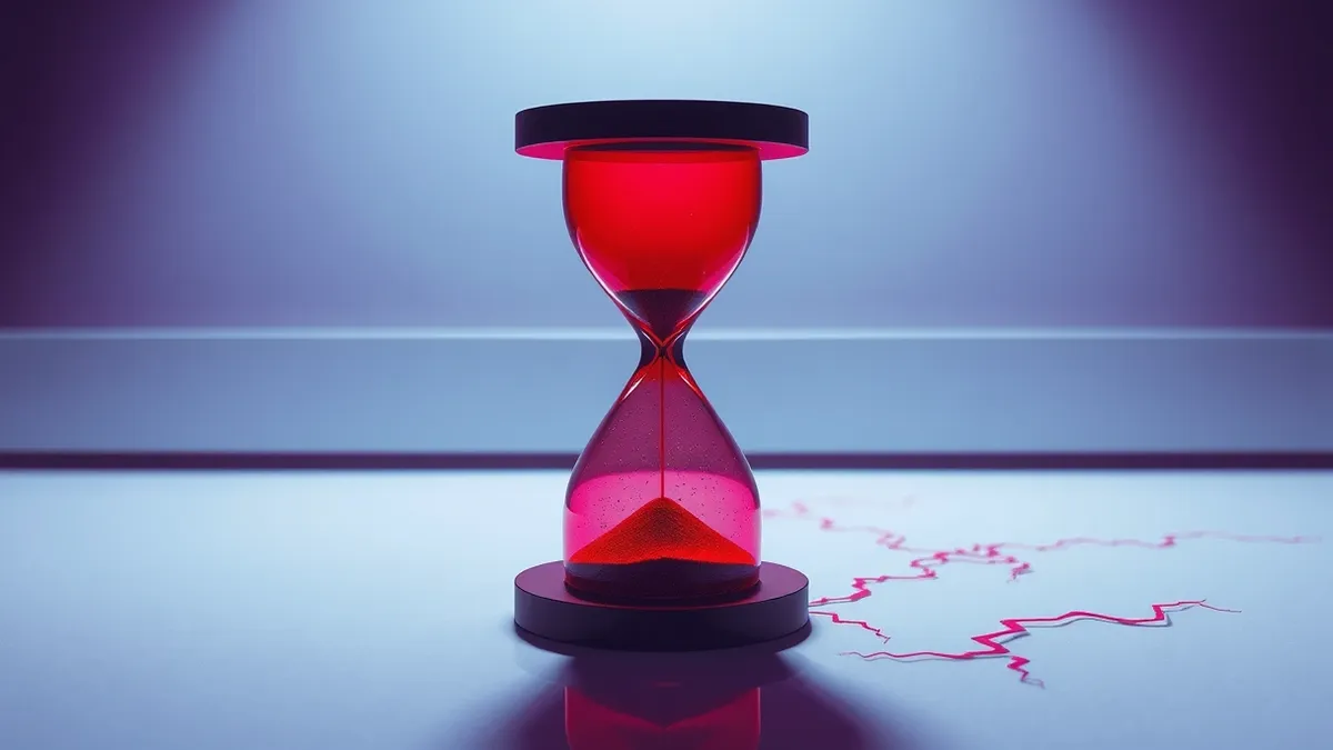 Illustration: A translucent red hourglass sits on a sterile white desk, its sand nearly empty.