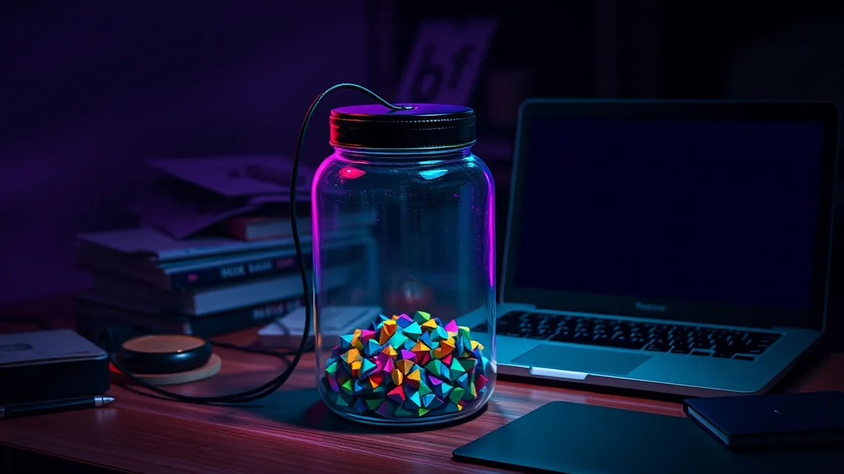 Illustration: A transparent glass jar sits on a cluttered wooden desk, filled with small, colorful, abstract geometric shapes that resemble digital tokens.