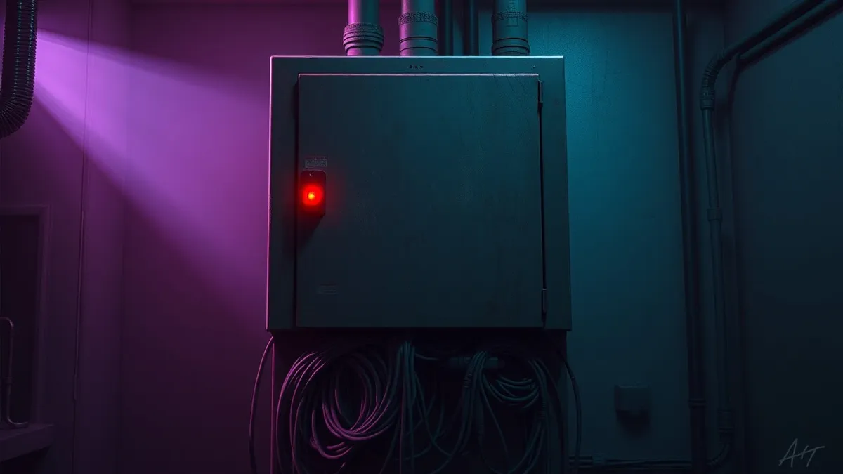 Illustration: A weathered industrial control panel sits in a dimly lit utility room, its single red warning light pulsing steadily.
