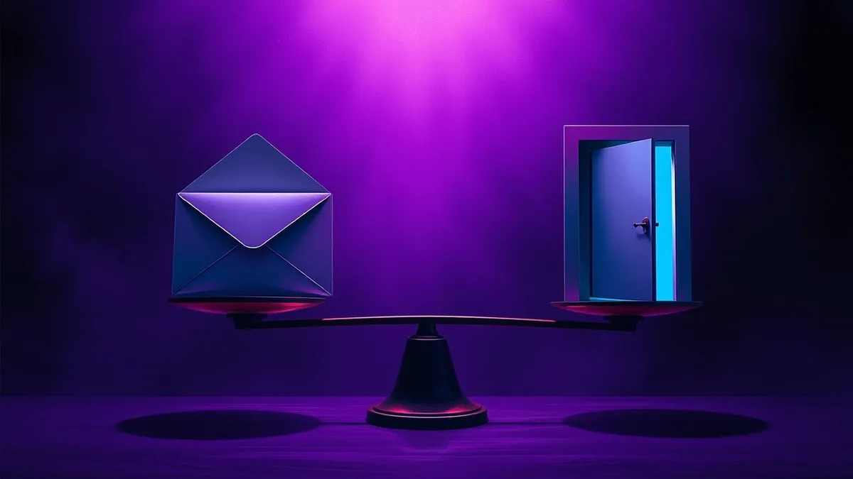 Illustration: A balanced scale holds a sealed envelope on one side and an open door on the other.