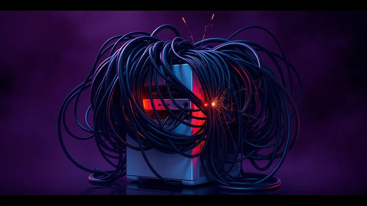 Illustration: A chaotic tangle of thick, dark cables snakes around a small, white server box, choking its ports.