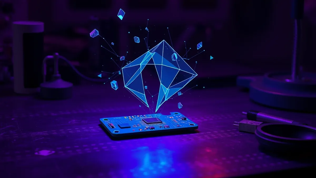 Illustration: A small blue circuit board sits on a workbench while abstract geometric shapes violently expand and tear through its surface.
