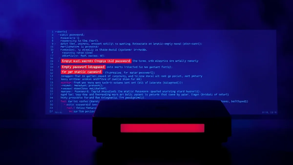 Illustration: A clean software development interface displays lines of code with highlighted red warnings surrounding empty password fields, illustrating the detection of static se