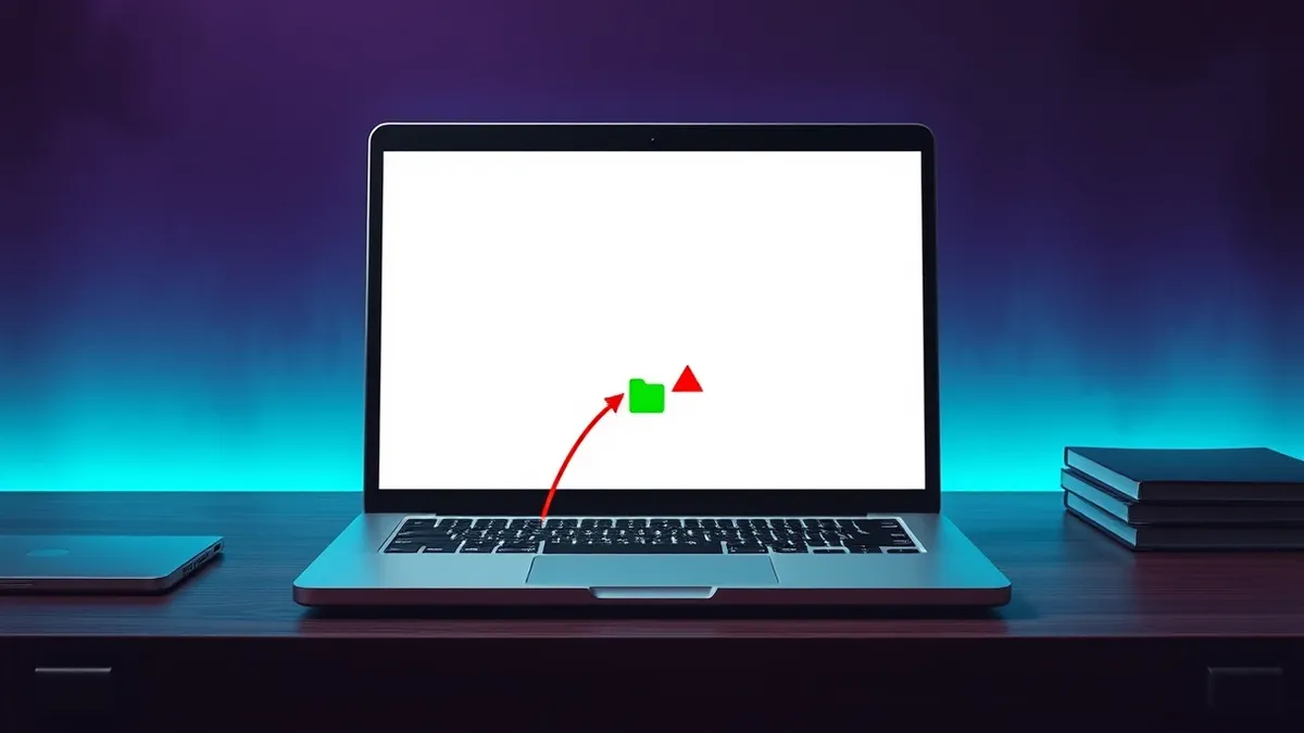 Illustration: A silver laptop sits on a wooden desk with its screen displaying a blank white window.