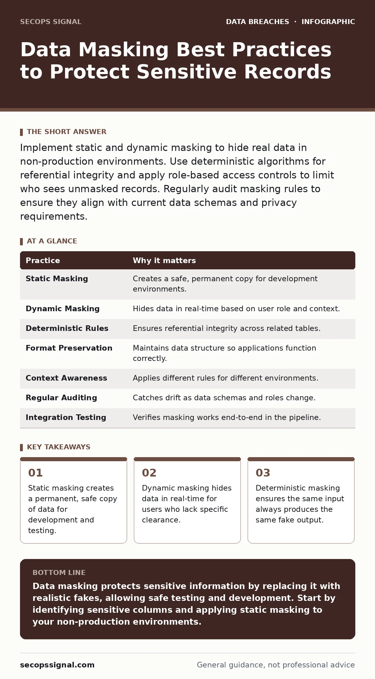 Infographic: Data Masking Best Practices to Protect Sensitive Records. Static masking creates a permanent, safe copy of data for development and testing. Dynamic masking hides data in real-time for users who lack specific clearance. Deterministic masking ensures the same input always produces the sa