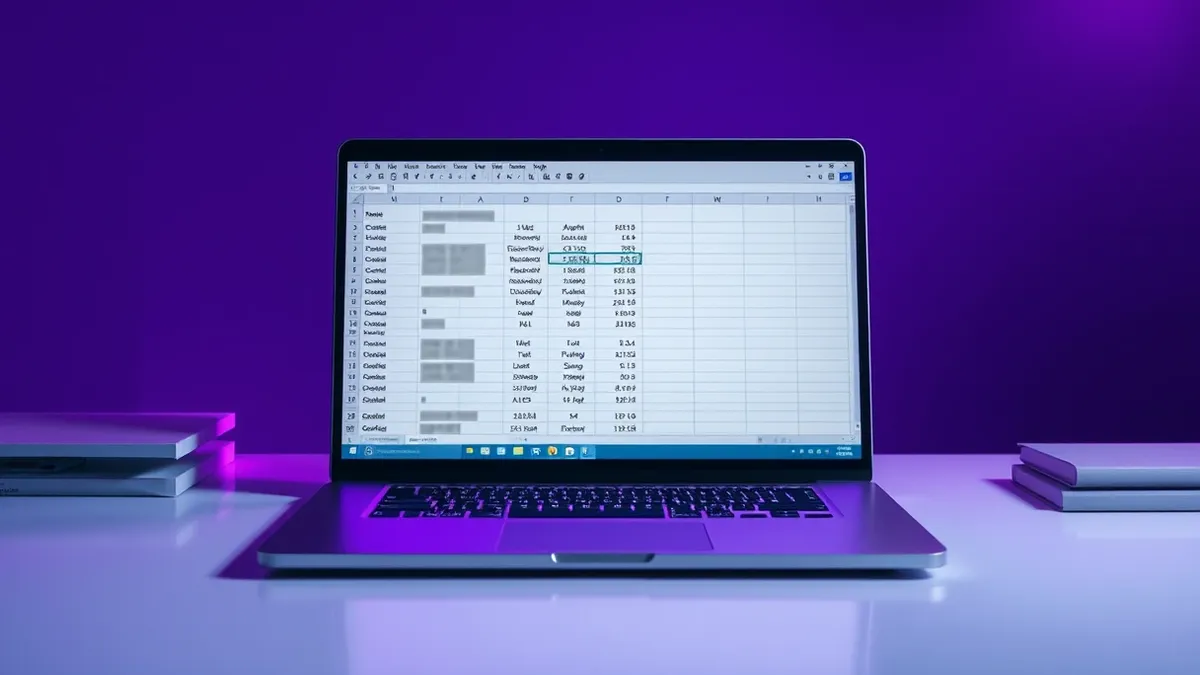 Illustration: A sleek silver laptop sits on a clean white desk, its screen displaying a digital spreadsheet.