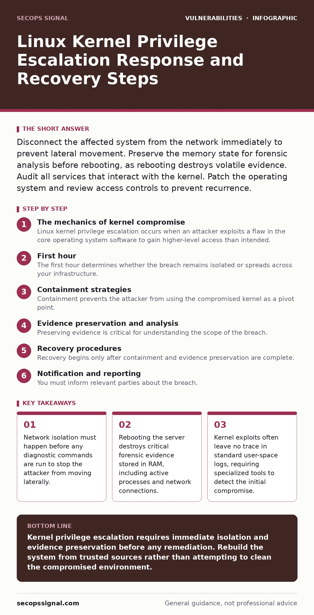 Infographic: Linux Kernel Privilege Escalation Response and Recovery Steps. Network isolation must happen before any diagnostic commands are run to stop the attacker from moving laterally. Rebooting the server destroys critical forensic evidence stored in RAM, including active processes and network