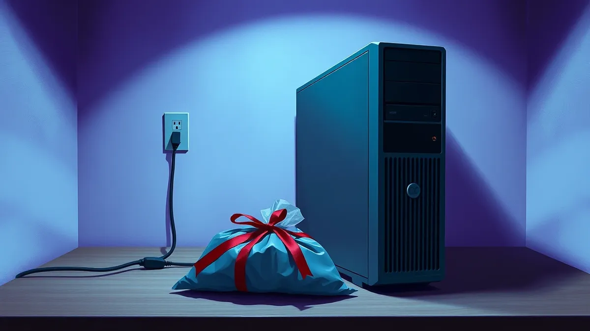 Illustration: A generic desktop computer sits on a plain wooden desk with its power cord physically unplugged from the wall outlet.