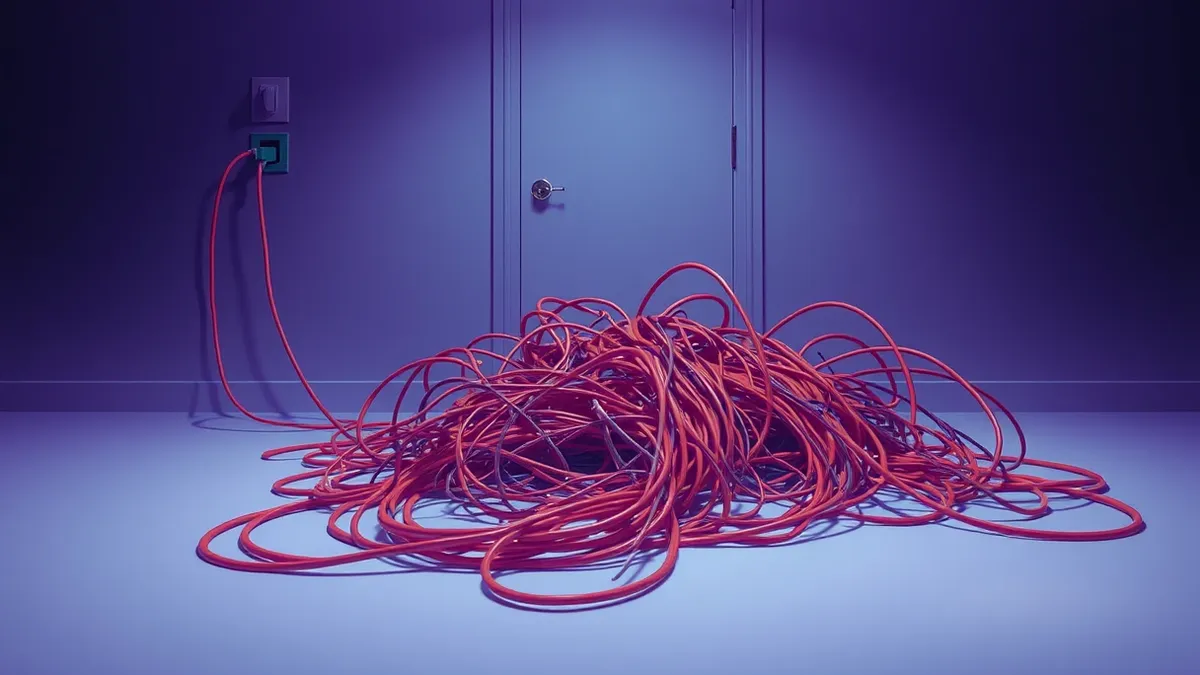 Illustration: A tangled knot of thick orange cables spills from a single port on a gray wall jack, spreading across a white floor in an uncontrolled web.