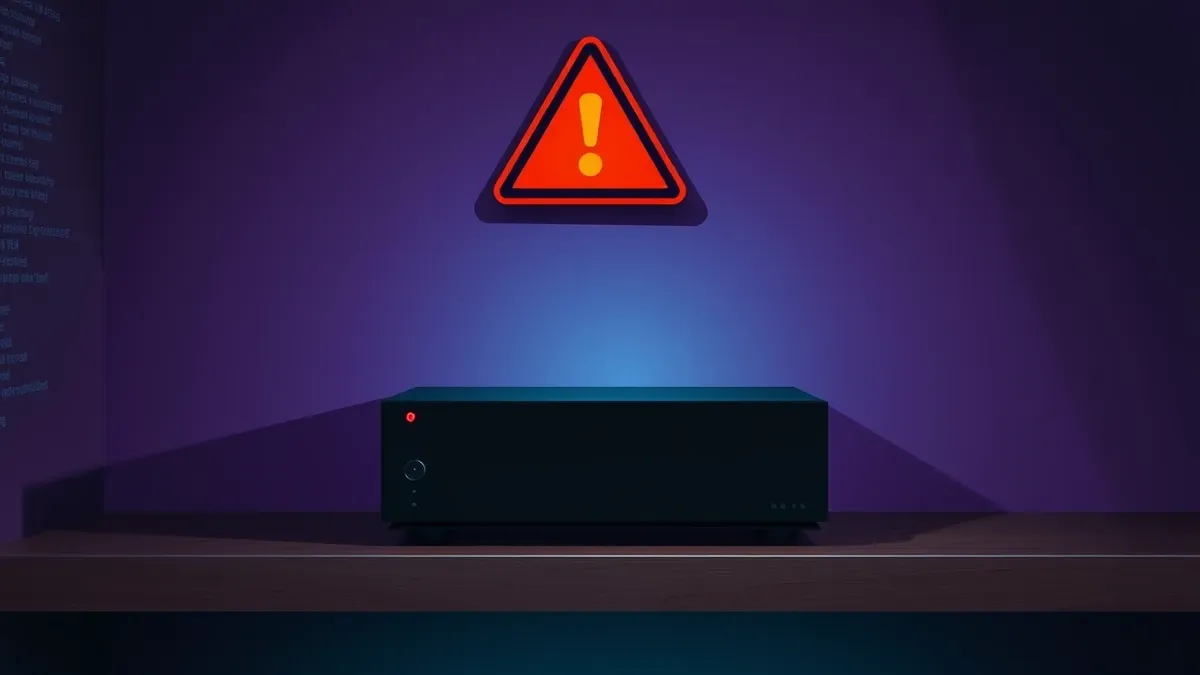 Illustration: A sleek black media server box sits on a wooden shelf with a single blinking red indicator light.