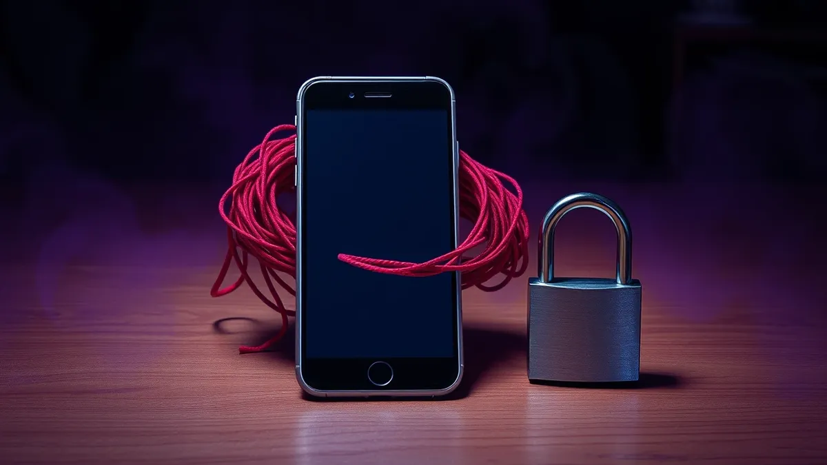Illustration: A blank smartphone screen reflects a tangled knot of red strings behind it, symbolizing trapped access.