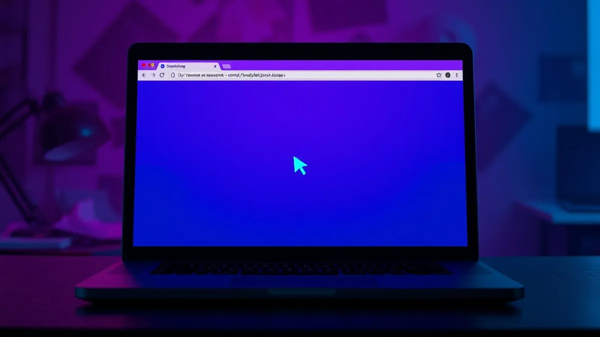 Illustration: A blank laptop screen displays an empty web browser window with a single abstract blue cursor hovering over a generic edit button.