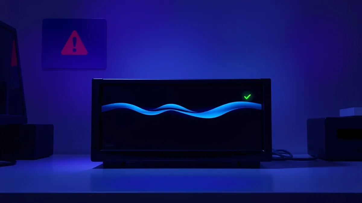 Illustration: A sleek black security appliance sits on a clean desk, its front panel glowing with soft blue abstract waves.