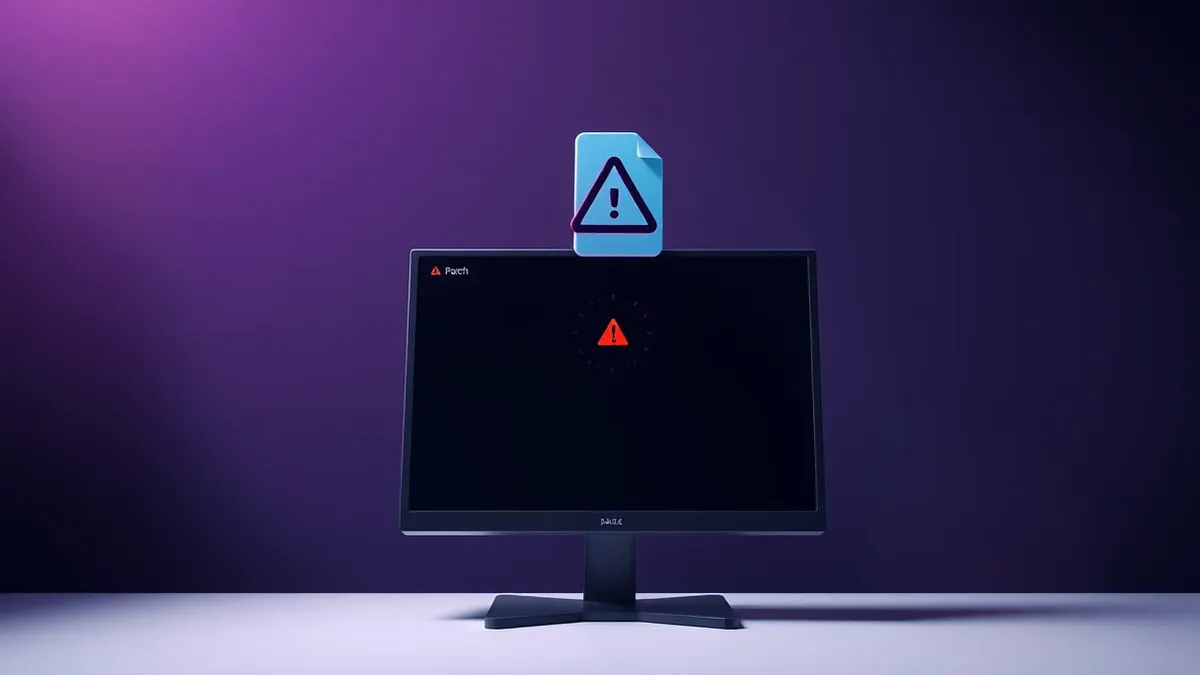 Illustration: A blank desktop monitor displays a simple interface with empty configuration boxes and a single red warning triangle.