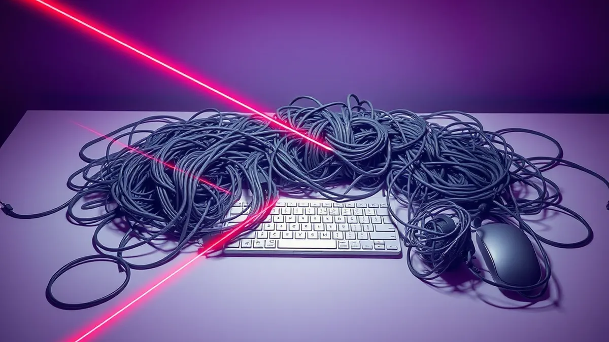 Illustration: A chaotic pile of tangled grey cables spills across a clean white desk, weaving around a blank silver laptop keyboard.