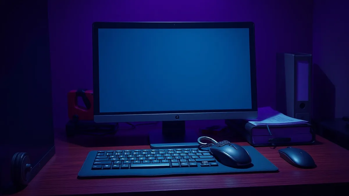 Illustration: A modest office desk holds a single sleek desktop computer and a thick manual binder.