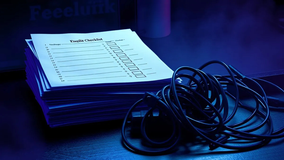 Illustration: A neat stack of printed checklists sits beside a tangled knot of network cables on a desk.