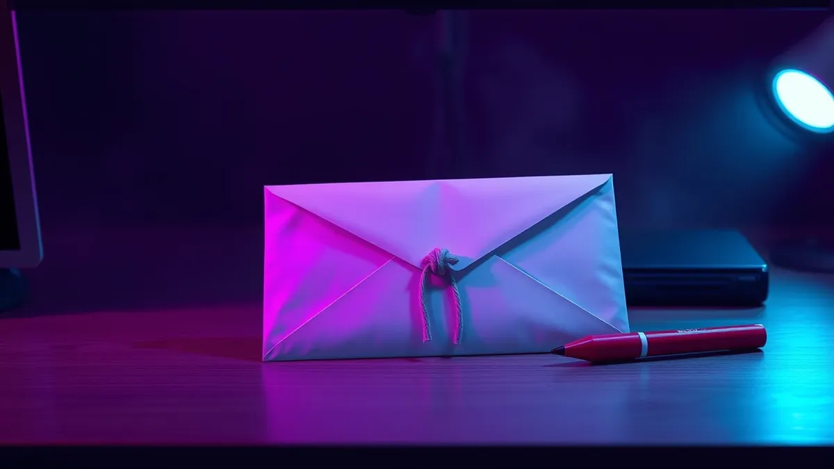 Illustration: A sealed white envelope rests on a clean wooden desk next to a red marker.