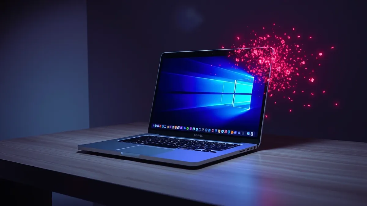 Illustration: A sleek silver laptop sits on a minimalist wooden desk with its screen displaying the familiar purple icon of a note-taking application.