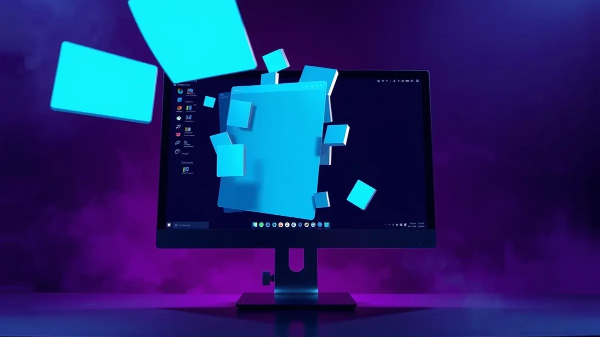 Illustration: A generic computer monitor displays a desktop interface with several overlapping application windows.