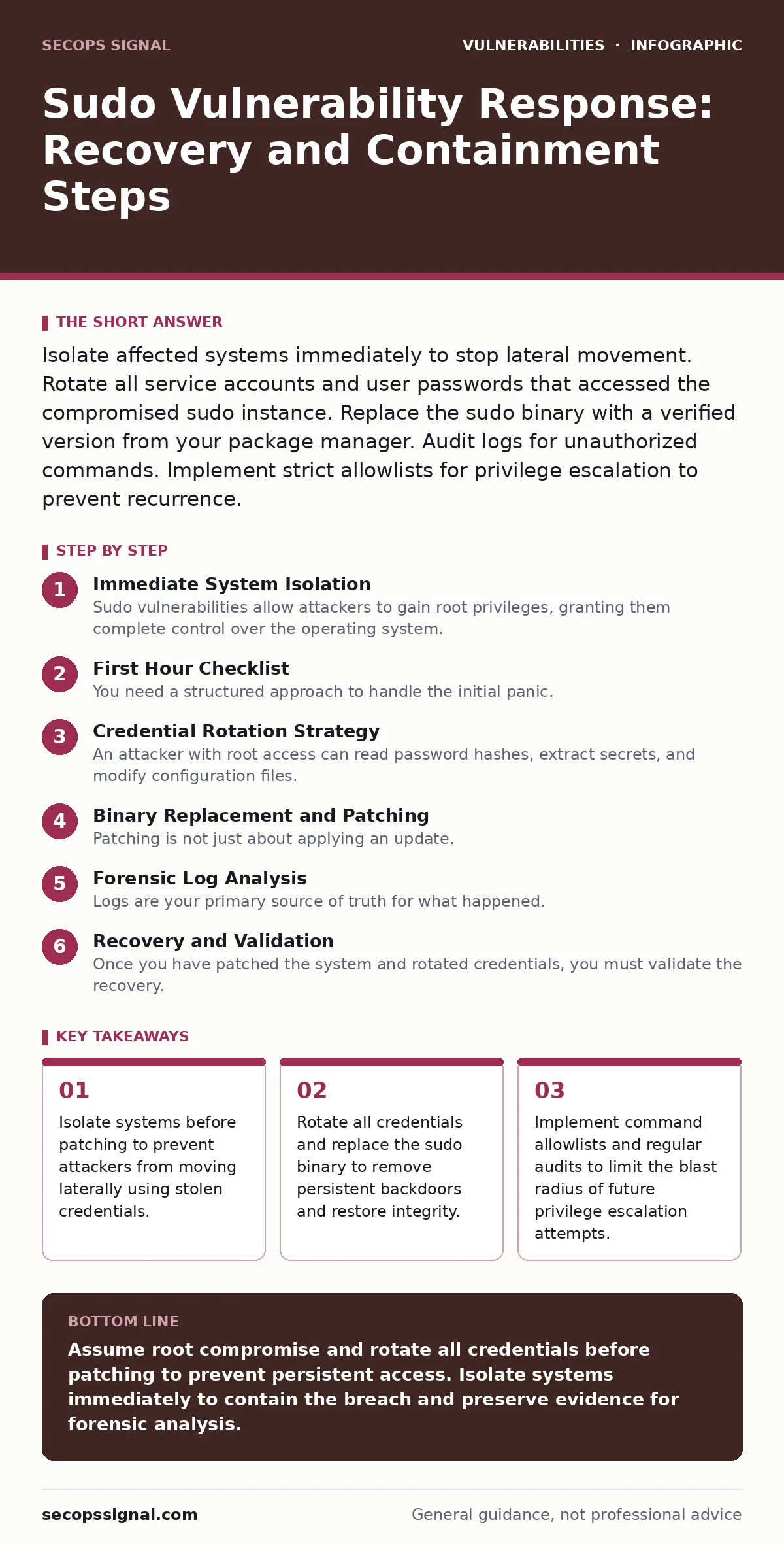 Infographic: Sudo Vulnerability Response: Recovery and Containment Steps. Isolate systems before patching to prevent attackers from moving laterally using stolen credentials. Rotate all credentials and replace the sudo binary to remove persistent backdoors and restore integrity. Implement command al