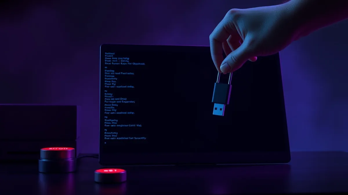 Illustration: A black terminal window with blank input lines sits on a desk next to a red emergency stop button.
