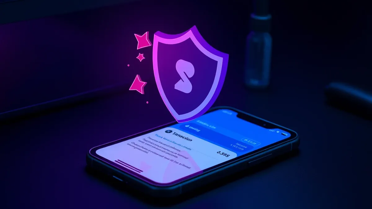 Illustration: A sleek smartphone rests on a dark desk, its screen displaying a stablecoin transaction interface.