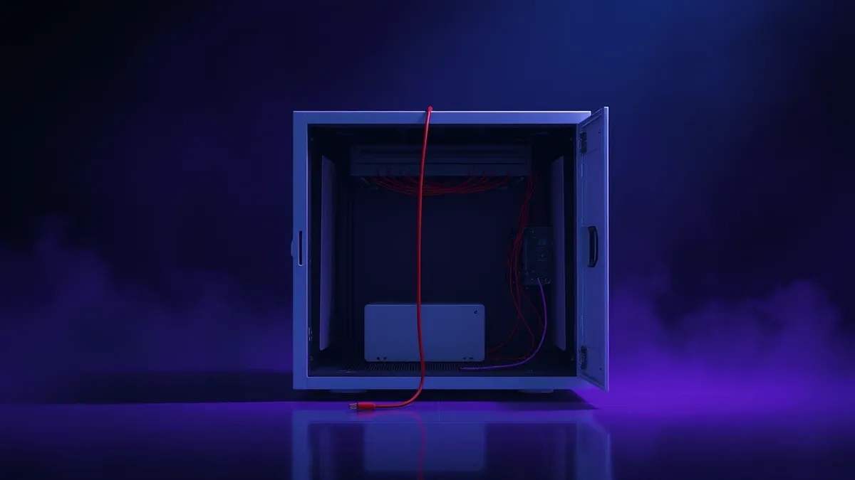 Illustration: A sleek white server sits in a dark room with its security panel open and wires disconnected.