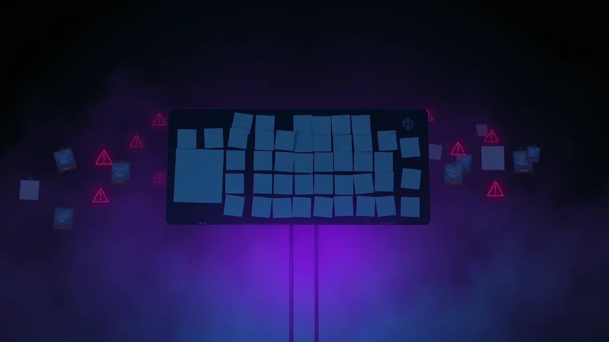 Illustration: A dark, cluttered digital interface floats in the void, displaying rows of blank white cards and abstract gray icons representing hidden forums.