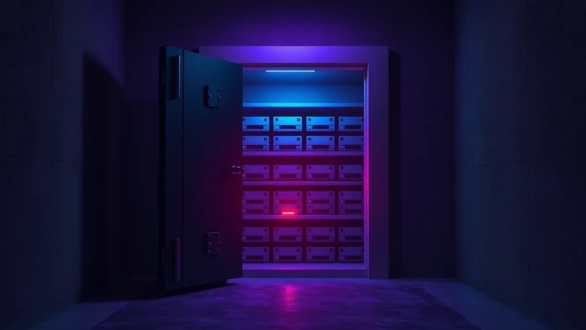 Illustration: A thick, heavy steel vault door stands slightly ajar in a concrete room.