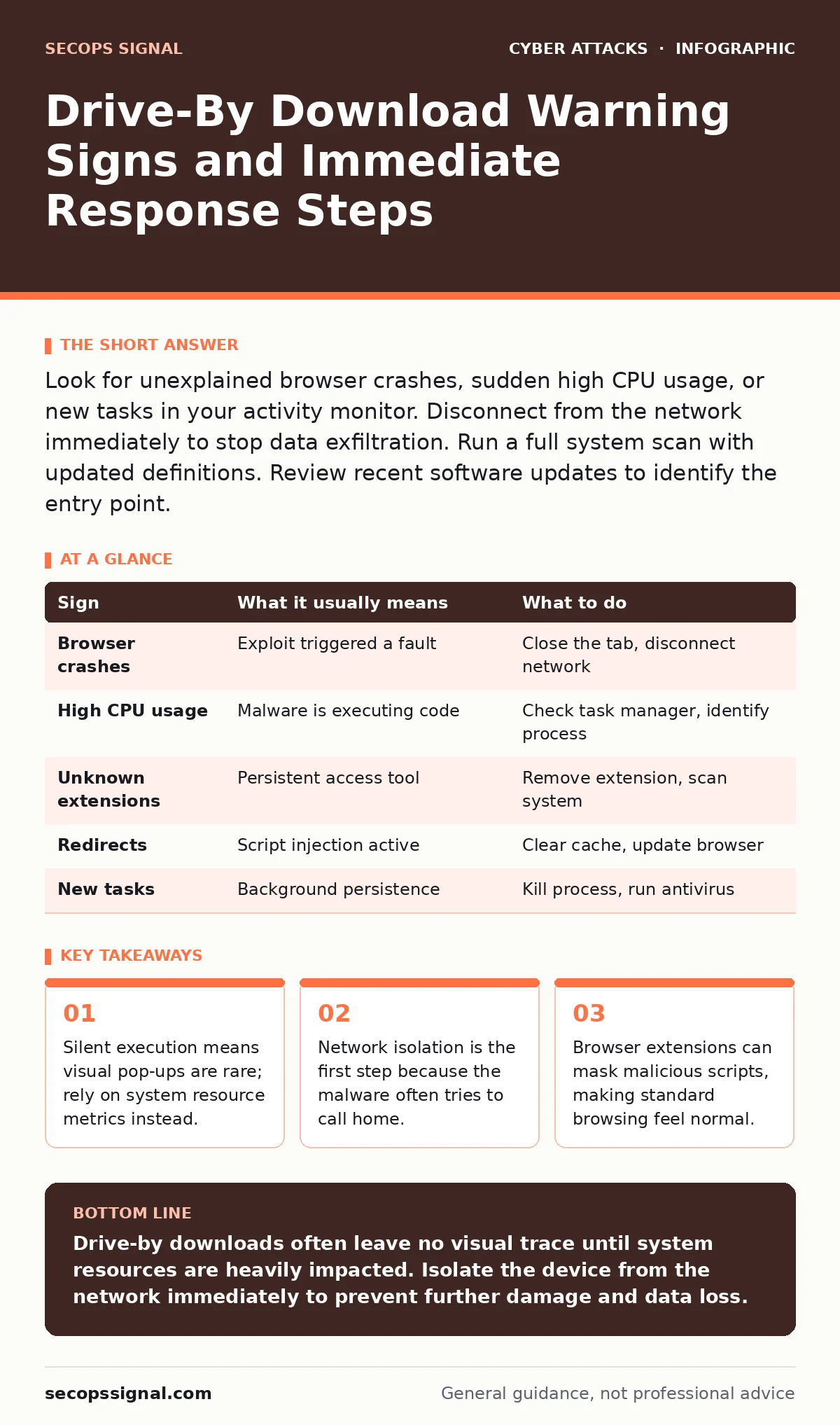 Infographic: Drive-By Download Warning Signs and Immediate Response Steps. Silent execution means visual pop-ups are rare; rely on system resource metrics instead. Network isolation is the first step because the malware often tries to call home. Browser extensions can mask malicious scripts, making