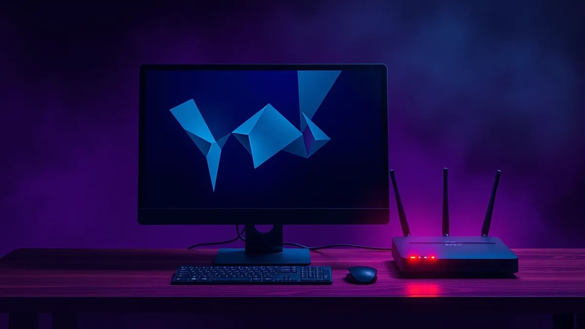 Illustration: A sleek desktop computer sits on a wooden desk, its monitor displaying abstract geometric shapes that suggest hidden activity.