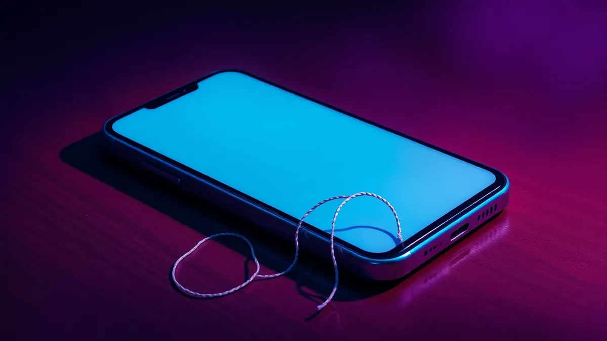 Illustration: A smartphone rests on a wooden table, its screen displaying a blank messaging interface with an abstract red heart icon pulsing gently.