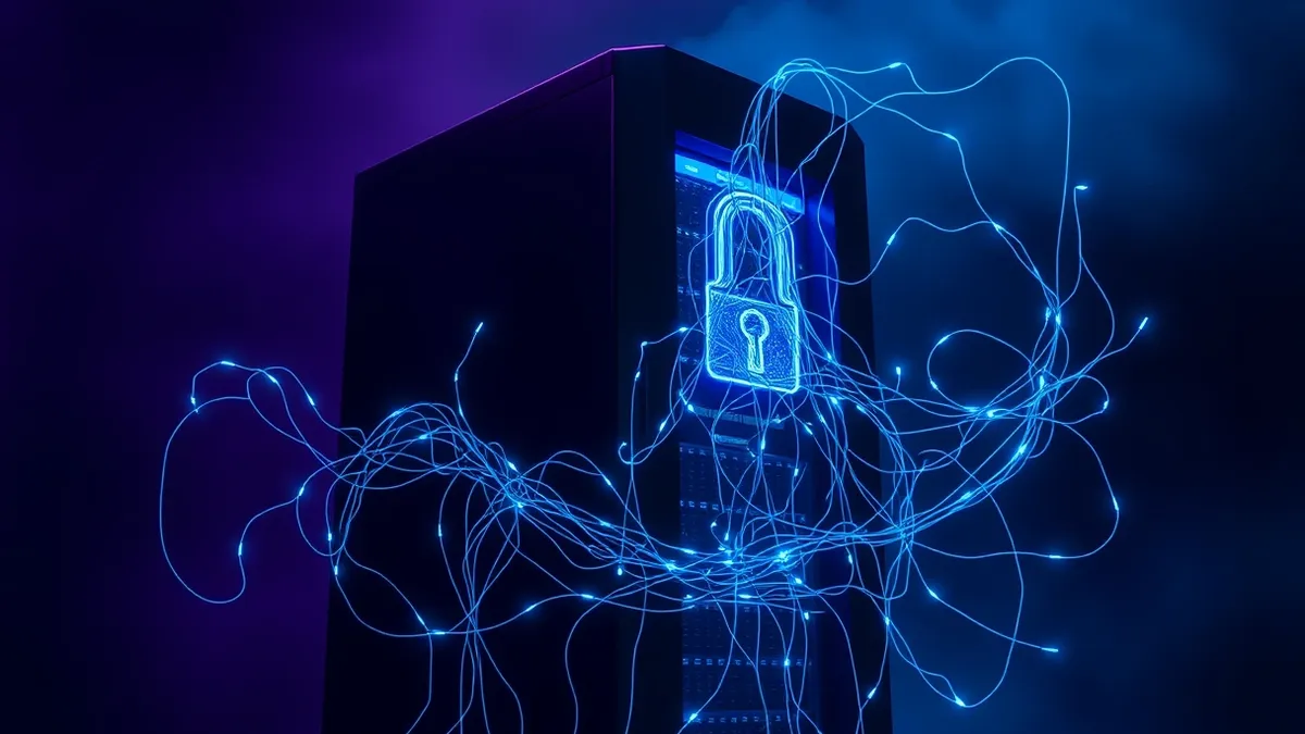 Illustration: A tangled skein of glowing blue digital threads spills from an unlocked terminal interface.