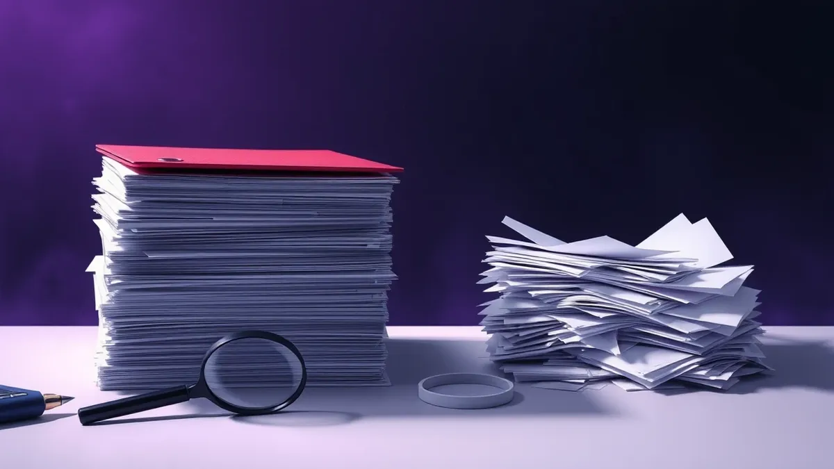 Illustration: A clean desk holds two distinct piles of blank white envelopes.