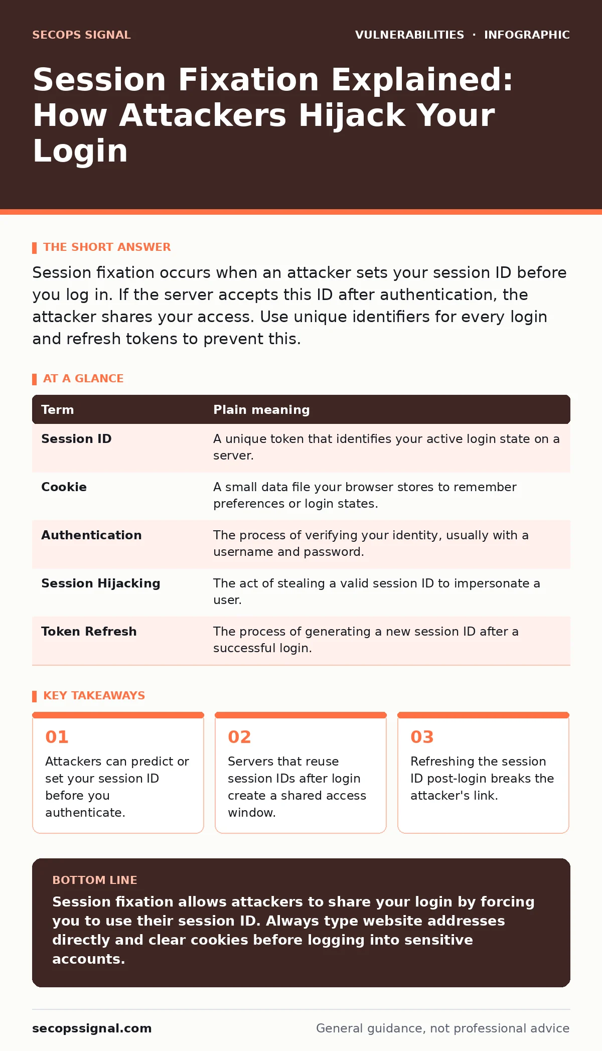 Infographic: Session Fixation Explained: How Attackers Hijack Your Login. Attackers can predict or set your session ID before you authenticate. Servers that reuse session IDs after login create a shared access window. Refreshing the session ID post-login breaks the attacker's link.
