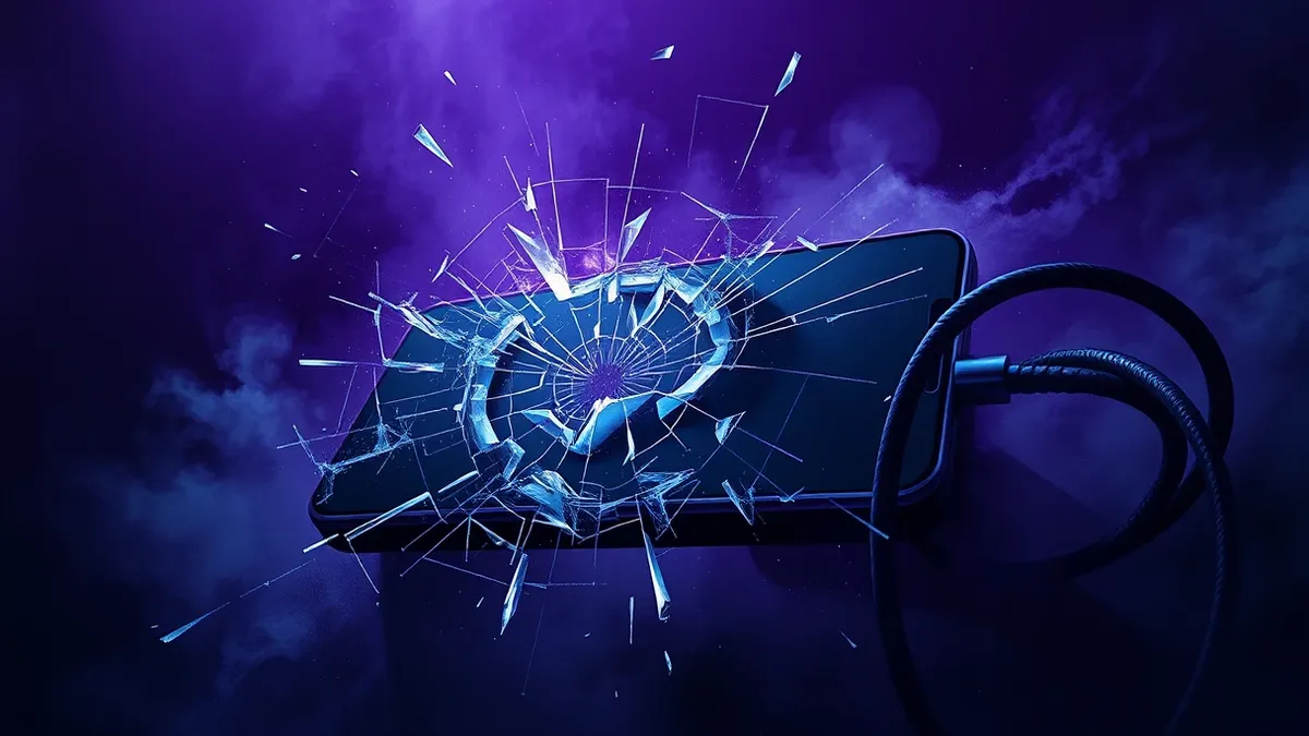 Illustration: A cracked smartphone screen fractures into jagged shards, while thick black cables snap and coil violently around the broken device.