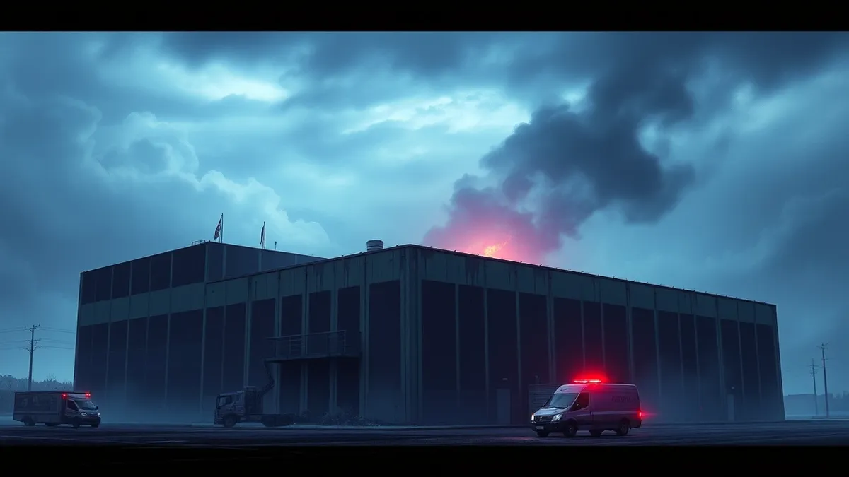 Illustration: A large industrial data center building sits damaged under a gray sky, with visible scorch marks on the roof.