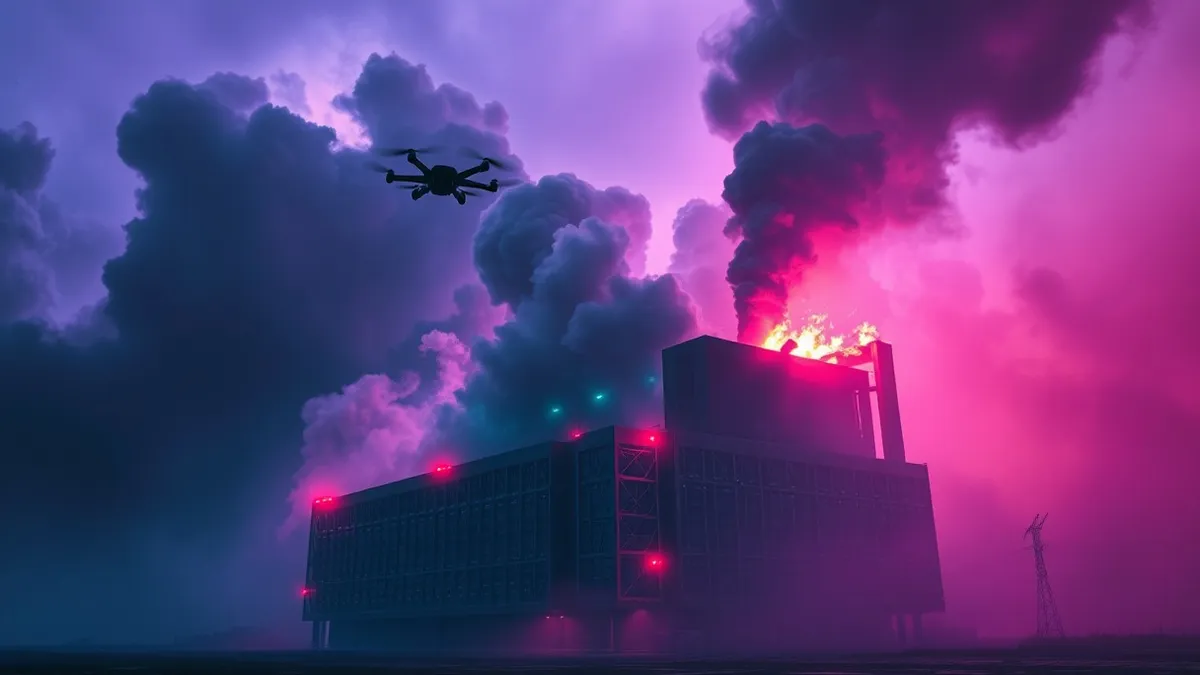 Illustration: Smoke billows from a modern server building as a small drone hovers nearby.