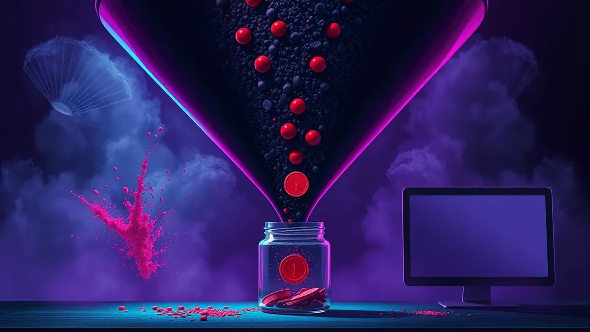 Illustration: A large central funnel collects chaotic streams of colored particles from multiple tubes.
